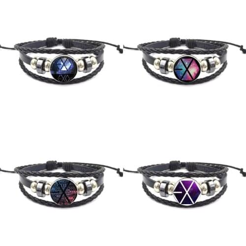 EJ Glaze Vintage Glass Cabochon Jewelry With Black Leather Bracelet Bangle For Women Men Fashion Star EXO