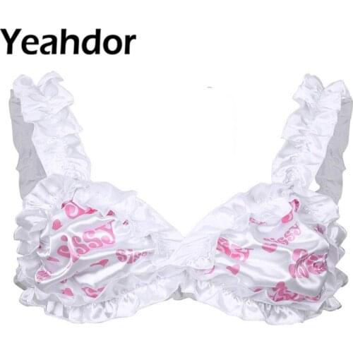 Sissy Mens Gay Male Lingerie Smooth Soft Satin Frilly Ruffled Straps Letter Printed Wire-free Unlined Bra Top Sexy Men Underwear