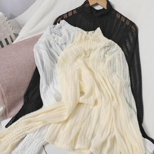 HISUMA Spring Autumn Women Flare Sleeve Hollow Mesh Gauze Ruffles Basic Shirt Lady Elastic Slim Waist Pullover Chic Blouse Tops