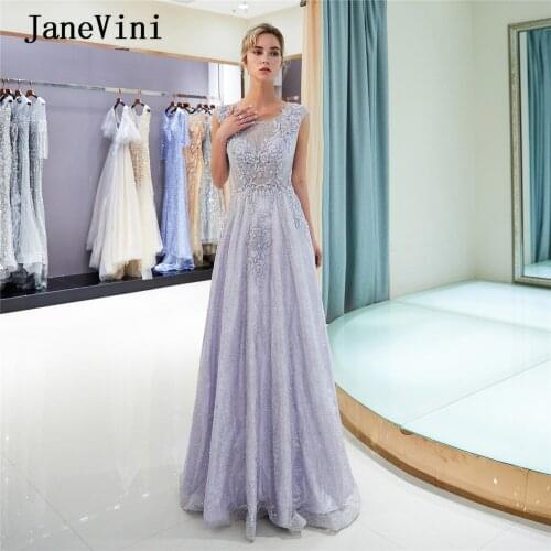 JaneVini Vintage Lace Scoop Neck Long Prom Dresses 2019 Luxury Bling Beaded Cap Sleeves Illusion Back A Line Gala Formal Dress