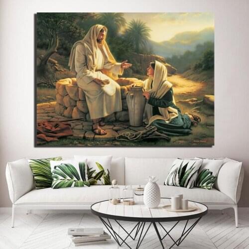Jesus Talks With A Samaritan Woman Canvas Prints Picture Modular God Painting For Living Room Poster Wall Home Decoration