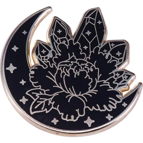 Quartz moon magic pin crystal cluster flower brooch black Gothic art decor