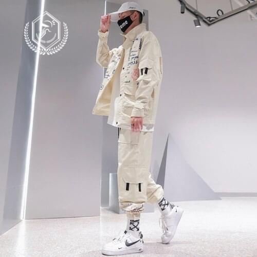 Men Loose Safari Style Jacket Fashion Print Hip Hop Sets