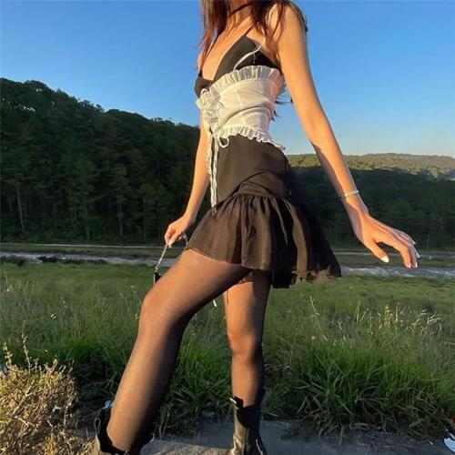 MyErato New Womens Sexy Slim Halter Lace-Up Ruffles Mini Dress 2021 Summer Patchwork Suspender