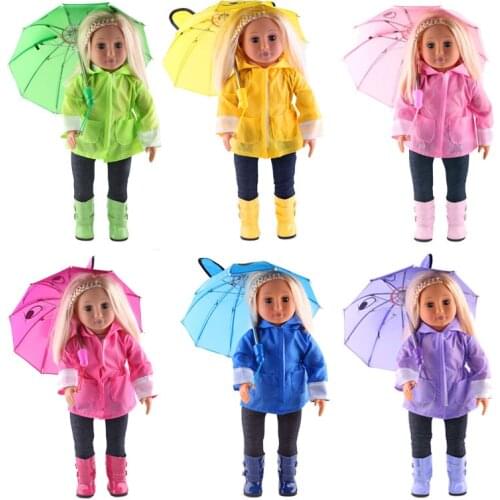 Rain Set 6Pcs=Hat+T-Shirt+Coat+Pants+Shoes+Umbrella For 18 Inch American&43Cm Baby New Born Doll Clothes Accessories Girl`s Toy