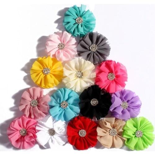 4pcs/lot 6.5CM 15Colors Solid Chiffon Flower With Rhinestone Button For Hair Accessories Artificial Fabric Flower For Headbands
