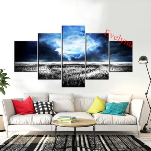 Nature, Grey Prairie, Blue Sky 5 Pieces Wall Art Print Modular Pictures For Living Room Home Decor Painting Modern Canvas Frame