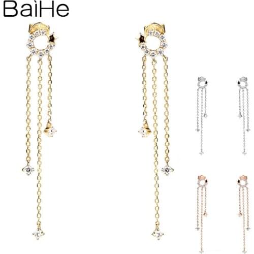 BAIHE Genuine Solid 18K White/Yellow/Rose Gold 0.40ct H/SI Natural Diamonds Star Stud Earrings long Women Girl Cерьги Wedding