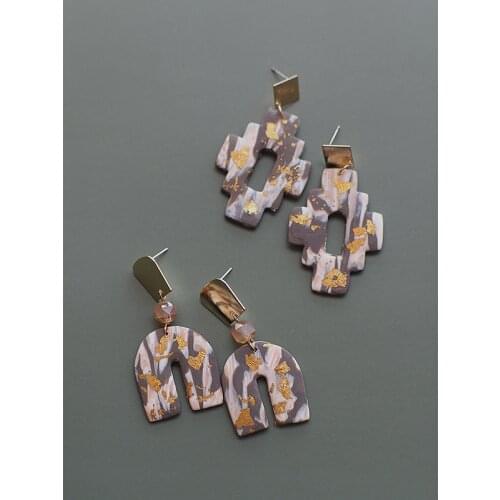 2021 Fashion Handmade Gold Foil Abstract Pattern Polymer Clay Earrings Geometric Drop Dangle Pendant Statement Art Earrings