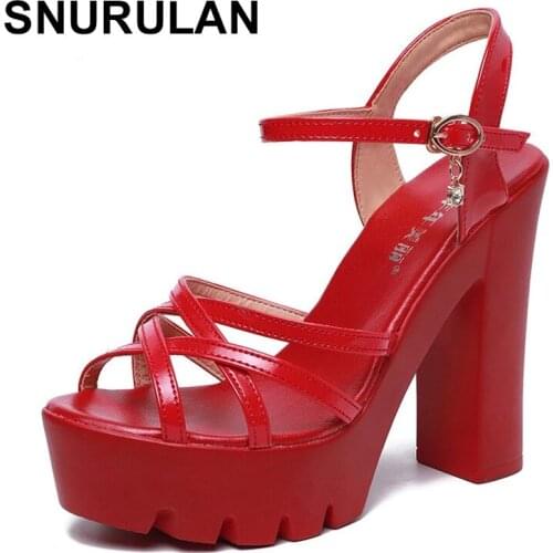 SNURULAN Big Size 33-43 Fashion Block Heels Platform Sandals Ladies Summer 2021Patent Leather High Heel Sandals Prom Office Shoe
