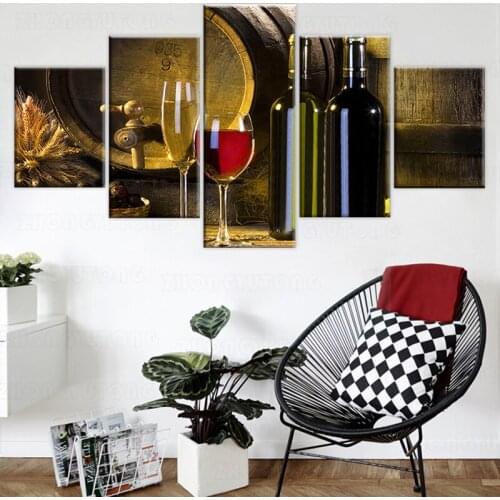 Modern Printed Living Room HD Home Decor 5 Panel Grape Red Wine Glasses Oak Barrel Pictures Wall Art Modular Poster Canvas Frame