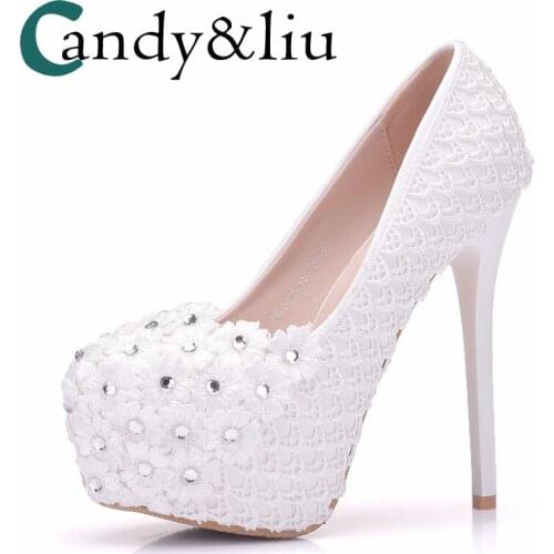Large Size White Lace Flower Applique Wedding Shoes Super High Heel Round Toe with Platform Mesh Pumps Bridesmaid Party Banquet