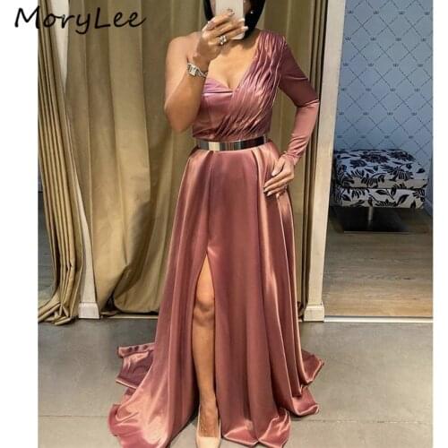 One Shoulder Evening Dresses Long Sleeves Sweep Train A-Line Side Slit Satin Evening Dresses vestidos de fiesta de noche