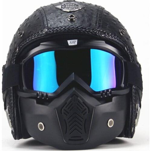 PU Leather Helmet 3/4 Motorcycle Chopper Bicycle Helmet Exposed Vintage Motorcycle Helmet and Goggles Mask