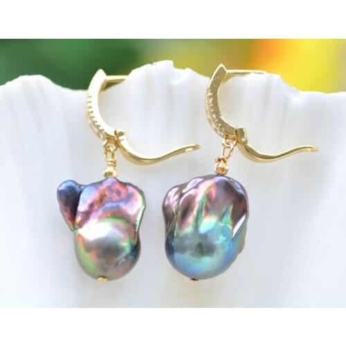 P7208 lustre 22mm Peacock-Black Baroque KESHI Pearl CZ Dangle Earring