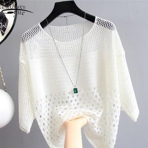 2021 Hollow Out Shirt Summer Thin Mid-sleeve Knitted Women Blouse Bottom Shirt Loose Air-conditioning Sunprotection Shirt 13895