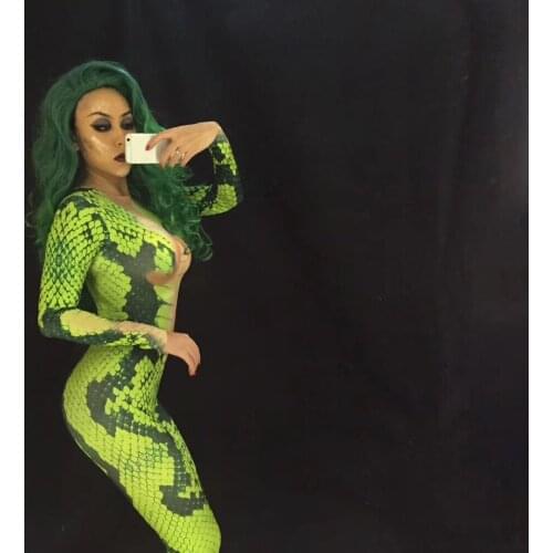Women Novelty Snake Printing Jumpsuit Sexy Leotard Elastic Bodysuit Nightclub Bar Cosplay Role Costume Singer Stage Dance Outfit