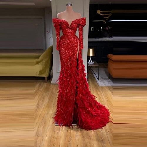 Red Feather Evening Dress High Slit Sequins Off The Shoulder Sweetheart Formal Event Plus Size Pageant Women Long Gowns