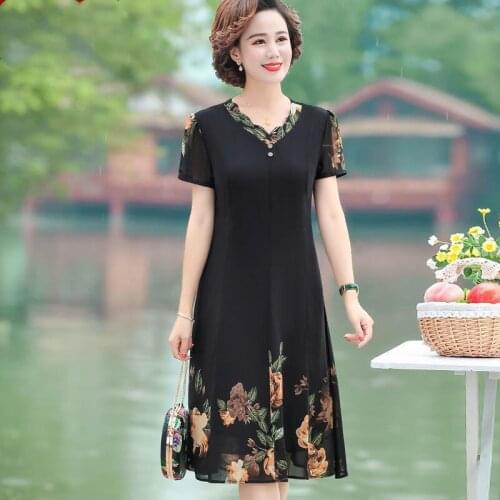 Mother Printing Dress Summer Dress Female 2021 New Middle Elderly Women Short-Sleeved Chiffon Temperament Mom Elegant Dresses