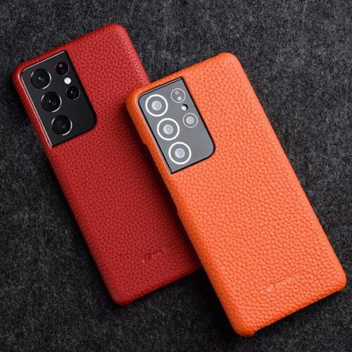 Button Open Genuine Leather Hard Back Cover For Samsung Galaxy S21 S21+ Plus Ultra Luxurious Real Cow Skin Phone Bag Case