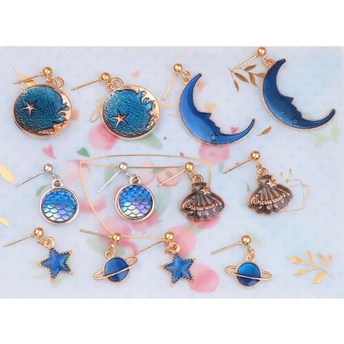 1Pair Blue Space Universe Moon Star Pendant Earrings Meta; Planet Circle Eardrop Women Party Gift Jewelry Dropshipping
