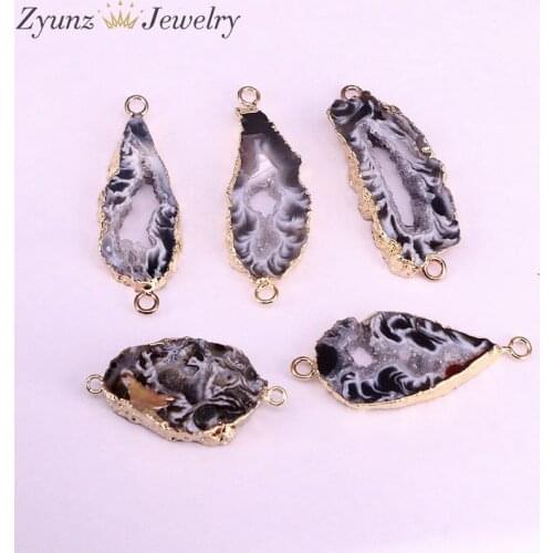 10PCS, Nature Black Quartz Geode Gems Stone Connector Beads, Gold Color Crystal Drusy Geode Pendant Beads Jewelry Findings