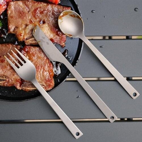 3Pcs/Set Outdoor Tableware Solid Biocompatibility Skin-Friendly Titanium Spoon Fork Knife Cutlery Camping Sets Cooking Supplies