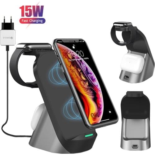 3 in 1 15w Qi Quick Wireless Charger Stand Dock For Apple Watch AirPods iPhone Samsung Xiaomi Phone Fast Induction Charging