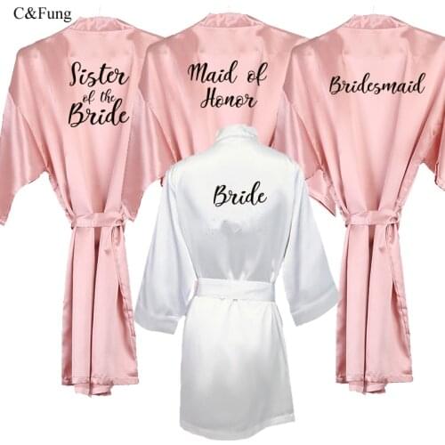 C&Fung new bride bridesmaid robe with white black letters mother sister of the bride wedding gift bathrobe kimono satin robes
