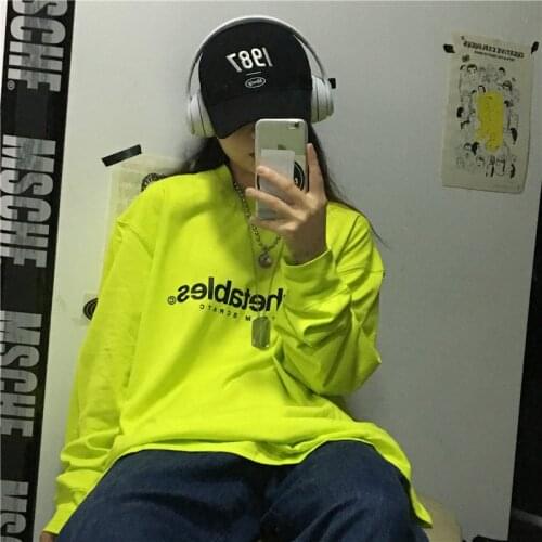 Maxxo Fluorescent Green Vintage Long-Sleeved T-Shirt Female Couple Kpop Grunge Clothes Versizedemo Gothic Aesthetic Clothes y2k