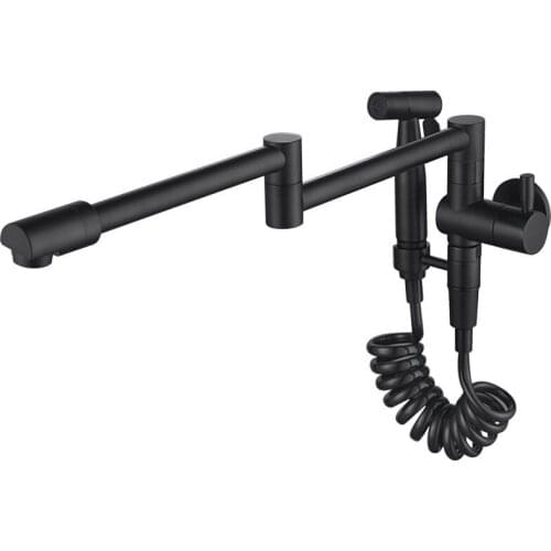 Kitchen Faucet Pot Filler Tap Wall Mounted Single Cold Black Tap Rotation Folding Spout Faucets With Spray Gun Chrome Nickel