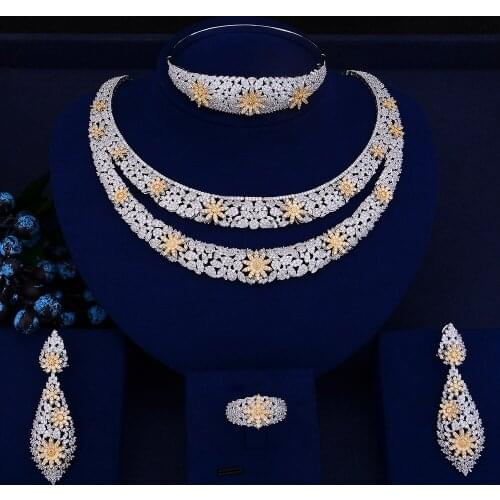 LARRAURI 4PCS CZ Necklace Bangle Drop Earrings Ring Jewelry Sets Luxury Dubai Nigerian Bridal Wedding Jewelry Sets For Women