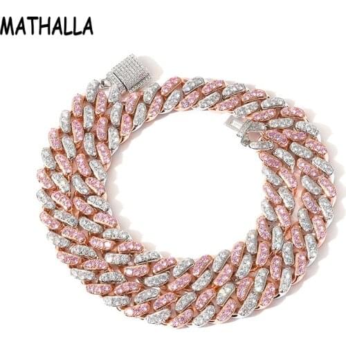 MATHALLA Women Mens 12mm Micro Paved Pink and Crystal CZ Miami Cuban Link Chain Necklace Hip Hop Iced Out Chain Jewelry Collier
