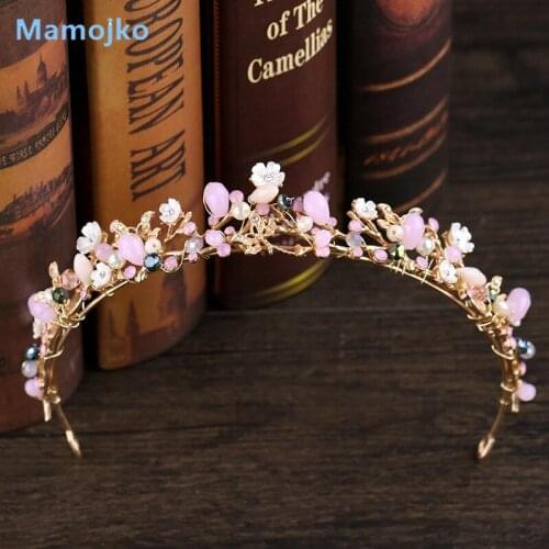 Mamojko Baroque Pink Style Flower Tiara Bridal Beads Crown for Women Fashion Crystal Headpiece Wedding Hairwear Dress Jewelry