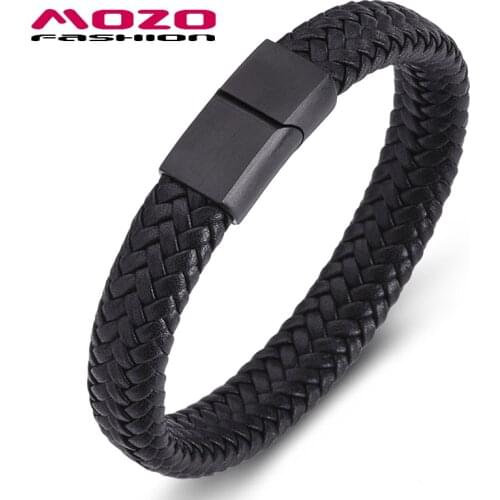 MOZO FASHION 2020 Punk Men Casual Jewelry Black/Brown Braided Leather Bracelet Stainless Steel Magnetic Clasp Women Bangles 158