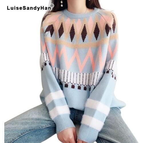 Autumn Korean version of the 2021 new plaid sweater womens round neck jacquard sweater loose hooded shirt shirt women