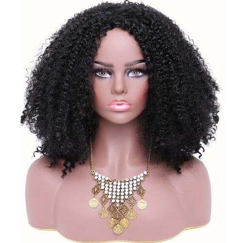 BESTUNG Afro Medium Kinky Curly Wigs for Black Women Synthetic Fluffy Black Side Part Wig for African American