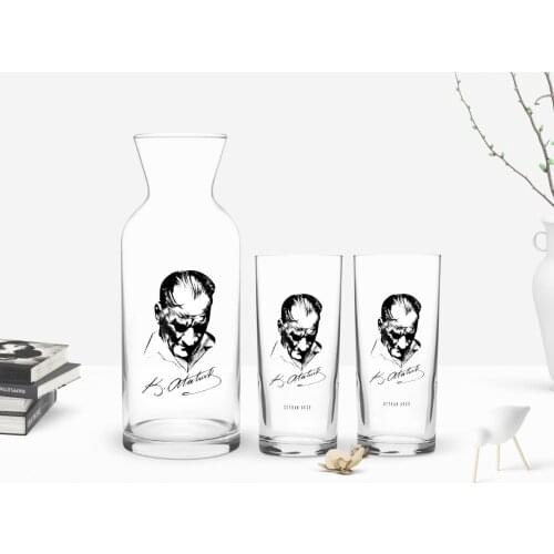 Personalized Colorful Printed Ataturk Themed Dual Arrack Cup and Carafe Gift Seti-28