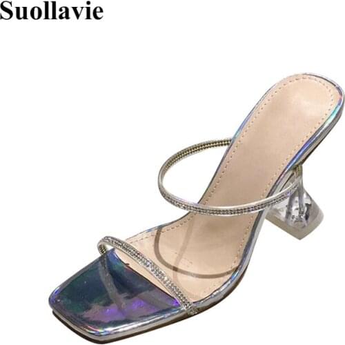 Suollavie 2021 popular slippers women fashion hoof heels crystal narrow band slides women open toe leisure outside shoes women