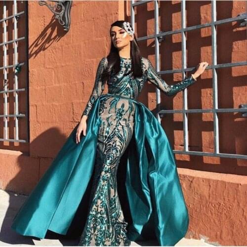 Dubai Evening Dress 2021 Luxury Green Sequeined One Shoulder Mermaid Long Train Satin Sexy Evening Gowns Plus Size BLE4014