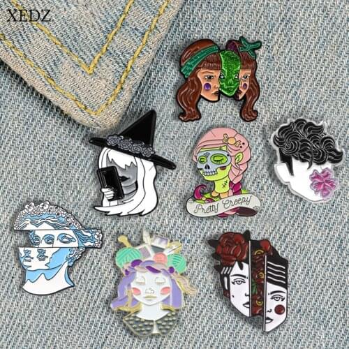 XEDZ New green split girl face curly boy pink girl face human head collection fashion personality denim clothes pendant jewelry