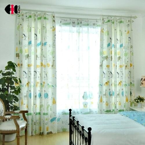 Simple Fashion Cute Cartoon Animal Zoo Lion Giraffe Zebra Print Curtain Cotton Polyester Custom Kids Bedroom Study Gauze WP213C