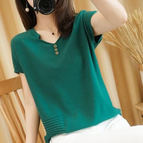 Pure cotton T-shirt women 2021 summer new V-neck pullover solid color knitwear plus size casual sweater short-sleeved tees hot