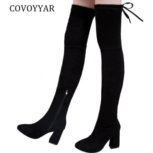 COVOYYAR 2019 Over The Knee High Boots Women Autumn Winter Stretch Fabric High Heels Elastic Slim Women Boots Black Shoes WBS419