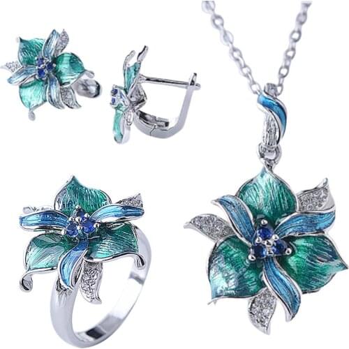 Women Earrings/Necklace/Ring Rhinestone Inlaid Enamel Flower Pendant Necklace Stud Earrings for Women Jewelry