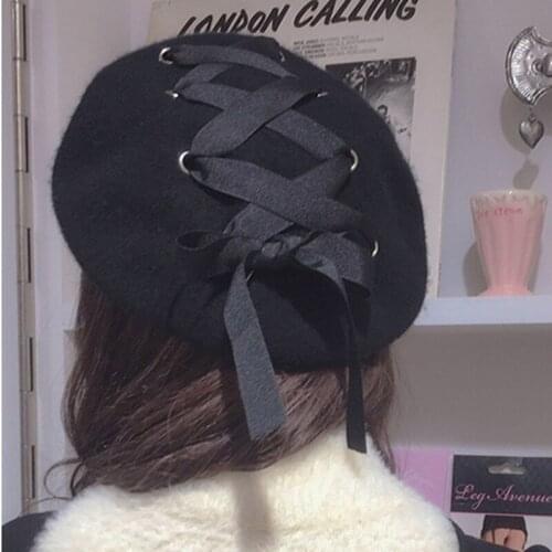 Lady Elegant Beret Black Japanese Harajuku Wind Strap Hat High Quality Exquisite Solid Small Fresh Bandage Design Berets