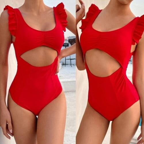Ruffle Biquinis Feminino 2021 Swimsuit Red Swimwear Women One-Piece Bikini Tight Bathing Suit Hollow Biquini Solid Bikinis Beach