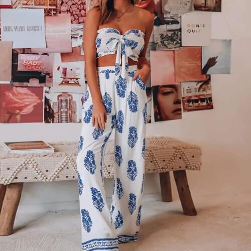 Tracksuit Women 2 Piece Sets Womens Outfits Dress Sets Print Sleeveless Strapless Pullover Tops + Pants Trousers Set Urbano