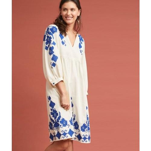 Jastie 2021 Vintage Spring Autumn Dress Boho Ethnic Embroidered Knee-Length Women Dresses V-Neck 3/4 Sleeve Cotton Dress Vestido