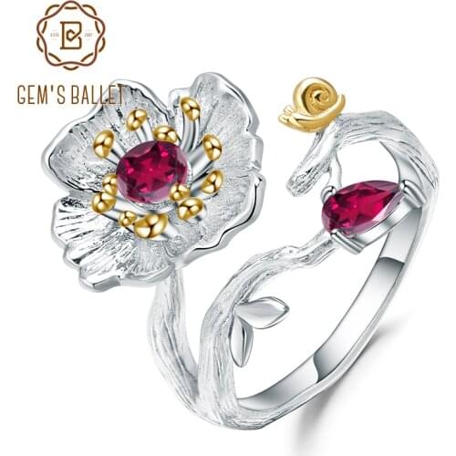 GEMS BALLET Natural Rhodolite Garnet Ring 925 Sterling Silver Handmade Blooming Poppies Flower Rings for Women Fine Jewelry